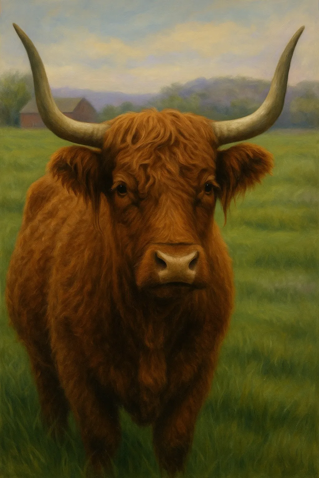 Highland cow in a green pasture at Lavender Jolly Acres
